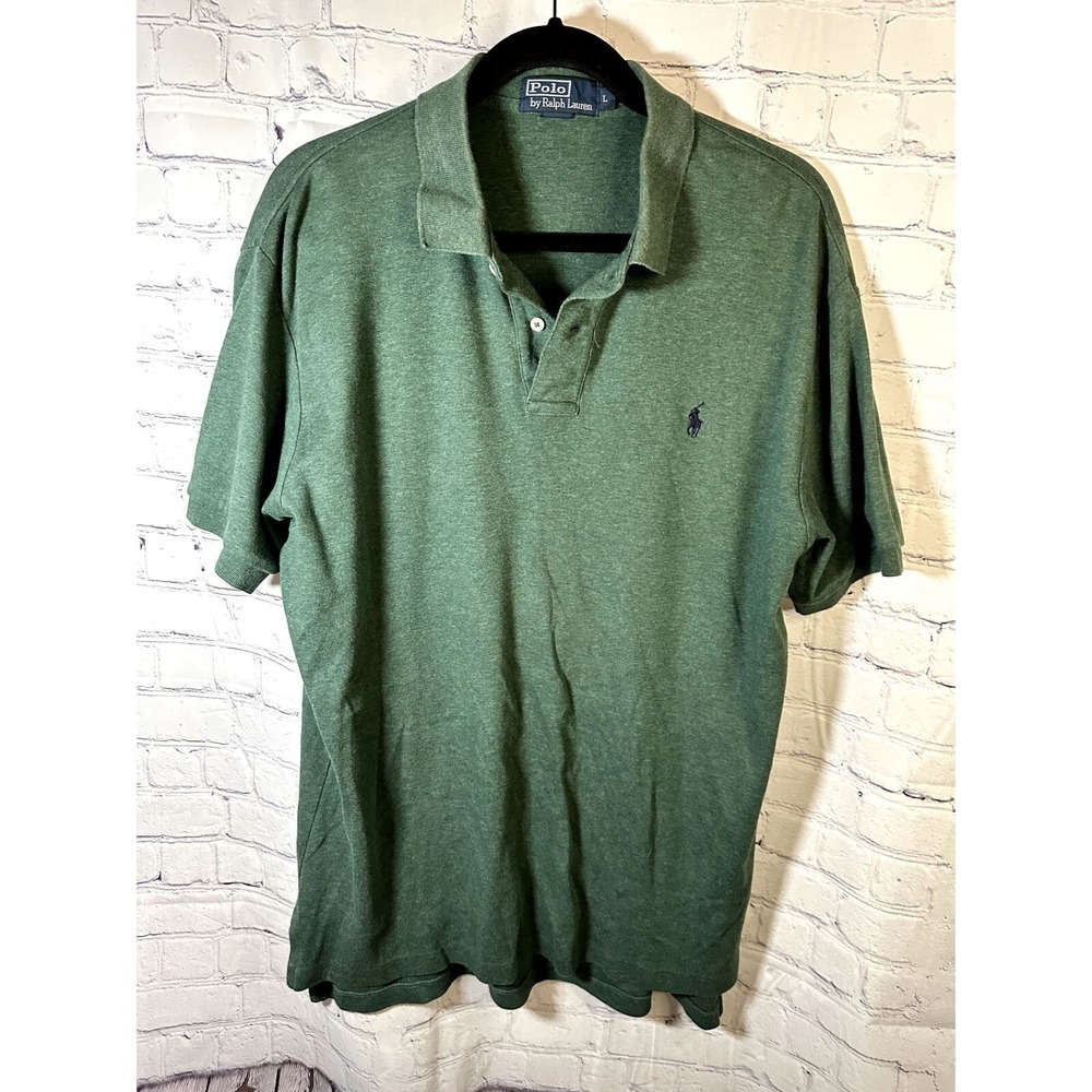 Polo Ralph Lauren Mens Large Green Heathered Cotton Short Sleeve Polo Shirt Pony